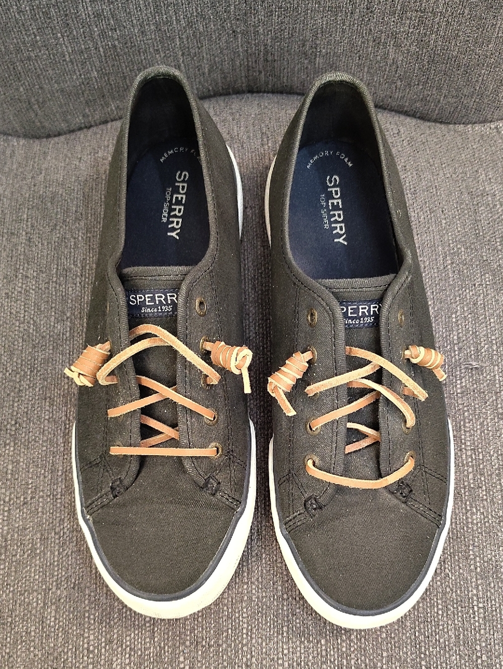 Sperry Dark Olive Canvas Slip-On Boat Shoes with Tan Leather Laces